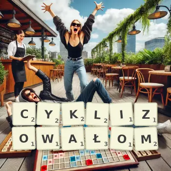 Kreatywna ilustracja do gry w Scrabble ze słowem CYKLIZOWAŁOM ułożonym z płytek na planszy.
