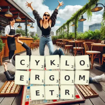 Kreatywna ilustracja do gry w Scrabble ze słowem CYKLOERGOMETR ułożonym z płytek na planszy.