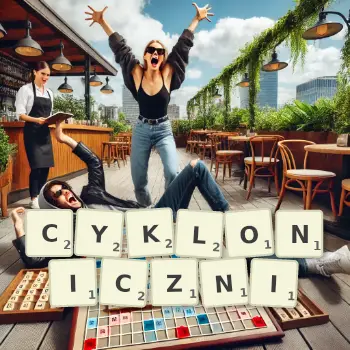 Kreatywna ilustracja do gry w Scrabble ze słowem CYKLONICZNI ułożonym z płytek na planszy.
