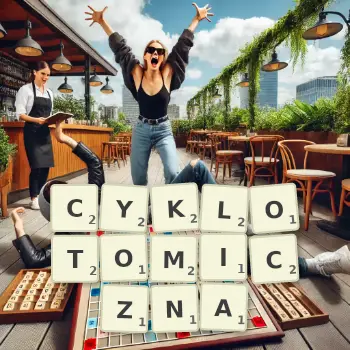 Kreatywna ilustracja do gry w Scrabble ze słowem CYKLOTOMICZNA ułożonym z płytek na planszy.