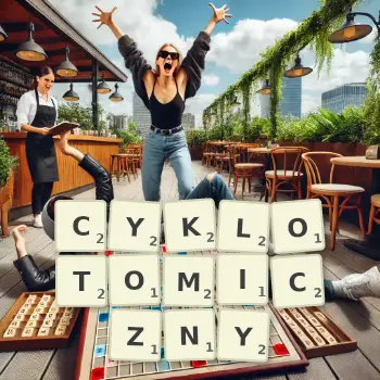 Kreatywna ilustracja do gry w Scrabble ze słowem CYKLOTOMICZNY ułożonym z płytek na planszy.