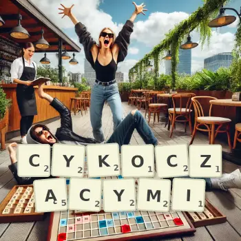 Kreatywna ilustracja do gry w Scrabble ze słowem CYKOCZĄCYMI ułożonym z płytek na planszy.