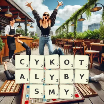 Kreatywna ilustracja do gry w Scrabble ze słowem CYKOTALYBYSMY ułożonym z płytek na planszy.