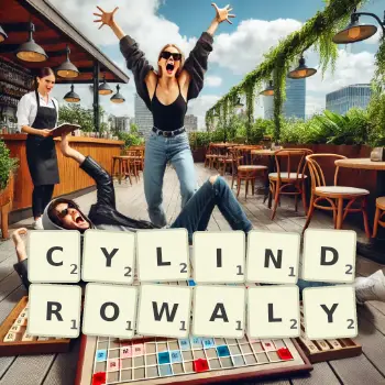 Kreatywna ilustracja do gry w Scrabble ze słowem CYLINDROWALY ułożonym z płytek na planszy.