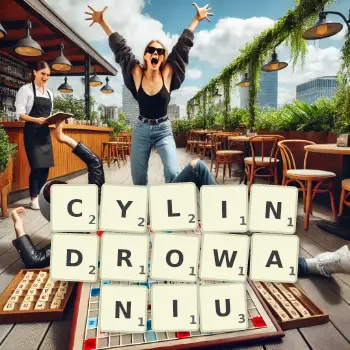 Kreatywna ilustracja do gry w Scrabble ze słowem CYLINDROWANIU ułożonym z płytek na planszy.