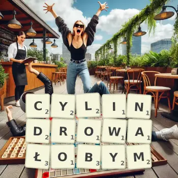 Kreatywna ilustracja do gry w Scrabble ze słowem CYLINDROWAŁOBYM ułożonym z płytek na planszy.