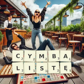 Kreatywna ilustracja do gry w Scrabble ze słowem CYMBALISTĘ ułożonym z płytek na planszy.