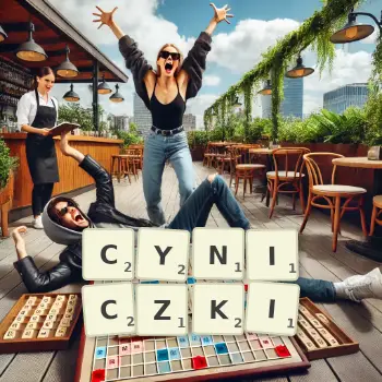 Kreatywna ilustracja do gry w Scrabble ze słowem CYNICZKI ułożonym z płytek na planszy.