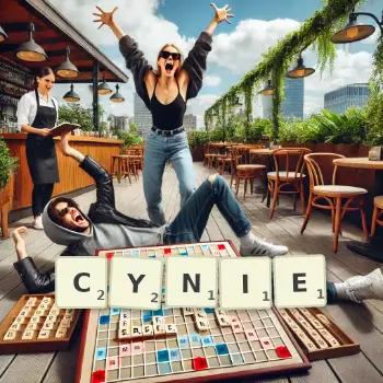 Kreatywna ilustracja do gry w Scrabble ze słowem CYNIE ułożonym z płytek na planszy.