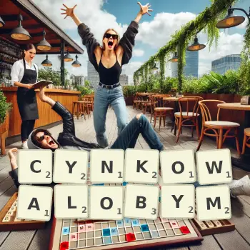 Kreatywna ilustracja do gry w Scrabble ze słowem CYNKOWALOBYM ułożonym z płytek na planszy.