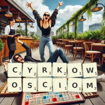 Kreatywna ilustracja do gry w Scrabble ze słowem CYRKOWOSCIOM ułożonym z płytek na planszy.