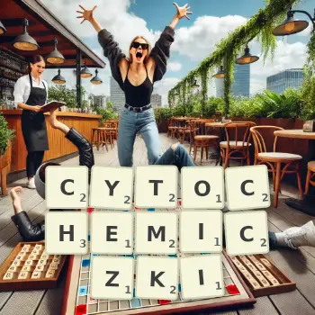 Kreatywna ilustracja do gry w Scrabble ze słowem CYTOCHEMICZKI ułożonym z płytek na planszy.