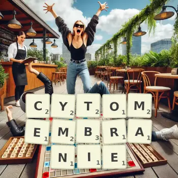 Kreatywna ilustracja do gry w Scrabble ze słowem CYTOMEMBRANIE ułożonym z płytek na planszy.