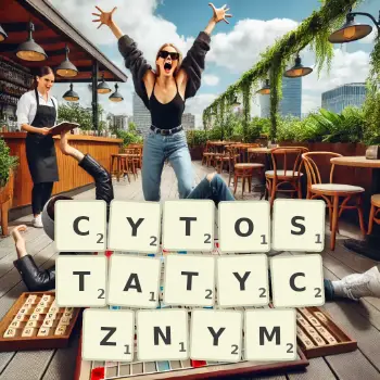 Kreatywna ilustracja do gry w Scrabble ze słowem CYTOSTATYCZNYM ułożonym z płytek na planszy.