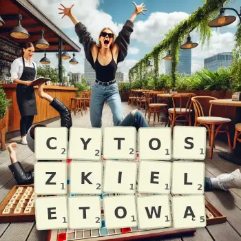 Kreatywna ilustracja do gry w Scrabble ze słowem CYTOSZKIELETOWĄ ułożonym z płytek na planszy.
