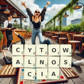 Kreatywna ilustracja do gry w Scrabble ze słowem CYTOWALNOSCIA ułożonym z płytek na planszy.