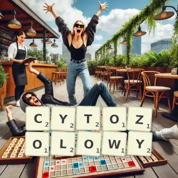 Kreatywna ilustracja do gry w Scrabble ze słowem CYTOZOLOWY ułożonym z płytek na planszy.