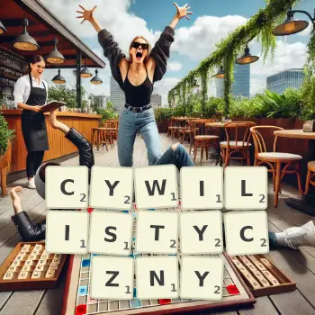 Kreatywna ilustracja do gry w Scrabble ze słowem CYWILISTYCZNY ułożonym z płytek na planszy.