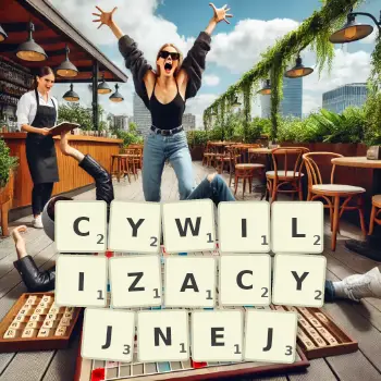 Kreatywna ilustracja do gry w Scrabble ze słowem CYWILIZACYJNEJ ułożonym z płytek na planszy.