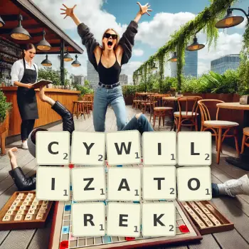 Kreatywna ilustracja do gry w Scrabble ze słowem CYWILIZATOREK ułożonym z płytek na planszy.