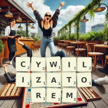 Kreatywna ilustracja do gry w Scrabble ze słowem CYWILIZATOREM ułożonym z płytek na planszy.
