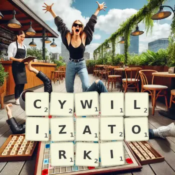 Kreatywna ilustracja do gry w Scrabble ze słowem CYWILIZATORKI ułożonym z płytek na planszy.