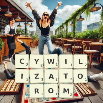 Kreatywna ilustracja do gry w Scrabble ze słowem CYWILIZATOROM ułożonym z płytek na planszy.