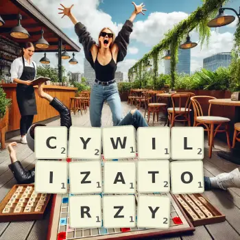 Kreatywna ilustracja do gry w Scrabble ze słowem CYWILIZATORZY ułożonym z płytek na planszy.