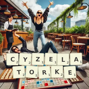 Kreatywna ilustracja do gry w Scrabble ze słowem CYZELATORKE ułożonym z płytek na planszy.