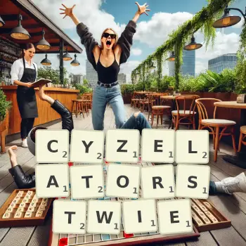 Kreatywna ilustracja do gry w Scrabble ze słowem CYZELATORSTWIE ułożonym z płytek na planszy.
