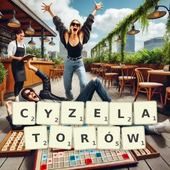 Kreatywna ilustracja do gry w Scrabble ze słowem CYZELATORÓW ułożonym z płytek na planszy.