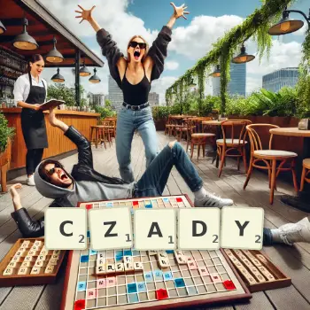 Kreatywna ilustracja do gry w Scrabble ze słowem CZADY ułożonym z płytek na planszy.