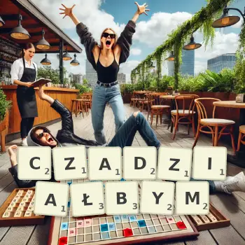 Kreatywna ilustracja do gry w Scrabble ze słowem CZADZIAŁBYM ułożonym z płytek na planszy.