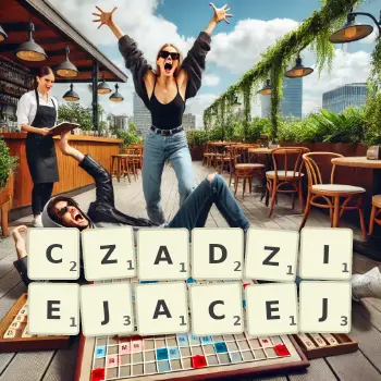 Kreatywna ilustracja do gry w Scrabble ze słowem CZADZIEJACEJ ułożonym z płytek na planszy.