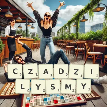 Kreatywna ilustracja do gry w Scrabble ze słowem CZADZILYSMY ułożonym z płytek na planszy.