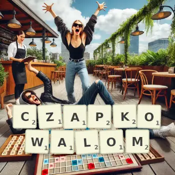 Kreatywna ilustracja do gry w Scrabble ze słowem CZAPKOWALOM ułożonym z płytek na planszy.