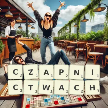 Kreatywna ilustracja do gry w Scrabble ze słowem CZAPNICTWACH ułożonym z płytek na planszy.