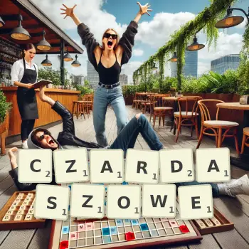 Kreatywna ilustracja do gry w Scrabble ze słowem CZARDASZOWE ułożonym z płytek na planszy.