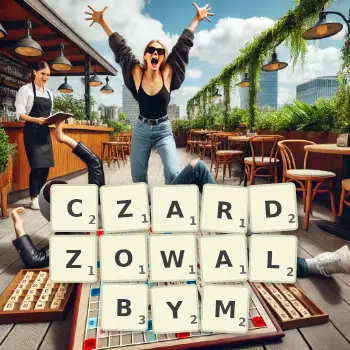 Kreatywna ilustracja do gry w Scrabble ze słowem CZARDZOWALBYM ułożonym z płytek na planszy.