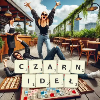 Kreatywna ilustracja do gry w Scrabble ze słowem CZARNIDEŁ ułożonym z płytek na planszy.