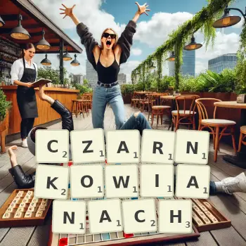 Kreatywna ilustracja do gry w Scrabble ze słowem CZARNKOWIANACH ułożonym z płytek na planszy.