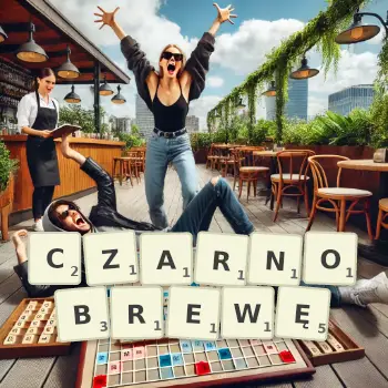 Kreatywna ilustracja do gry w Scrabble ze słowem CZARNOBREWĘ ułożonym z płytek na planszy.