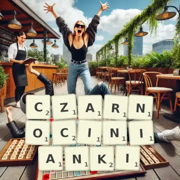 Kreatywna ilustracja do gry w Scrabble ze słowem CZARNOCINIANKI ułożonym z płytek na planszy.