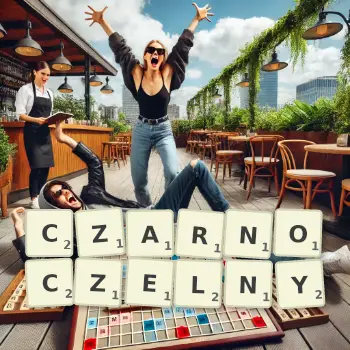 Kreatywna ilustracja do gry w Scrabble ze słowem CZARNOCZELNY ułożonym z płytek na planszy.