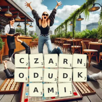 Kreatywna ilustracja do gry w Scrabble ze słowem CZARNODUDKAMI ułożonym z płytek na planszy.