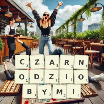 Kreatywna ilustracja do gry w Scrabble ze słowem CZARNODZIOBYMI ułożonym z płytek na planszy.