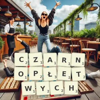Kreatywna ilustracja do gry w Scrabble ze słowem CZARNOPŁETWYCH ułożonym z płytek na planszy.