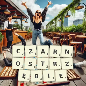Kreatywna ilustracja do gry w Scrabble ze słowem CZARNOSTRZĘBIE ułożonym z płytek na planszy.