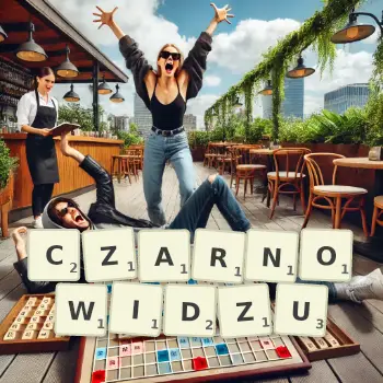 Kreatywna ilustracja do gry w Scrabble ze słowem CZARNOWIDZU ułożonym z płytek na planszy.