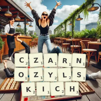 Kreatywna ilustracja do gry w Scrabble ze słowem CZARNOZYLSKICH ułożonym z płytek na planszy.